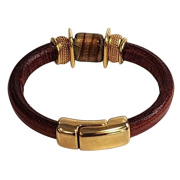 NEW Divine Debris Artisan Leather Bracelet Gold Magnetic Bangle Ceramic Accent - Picture 4 of 6